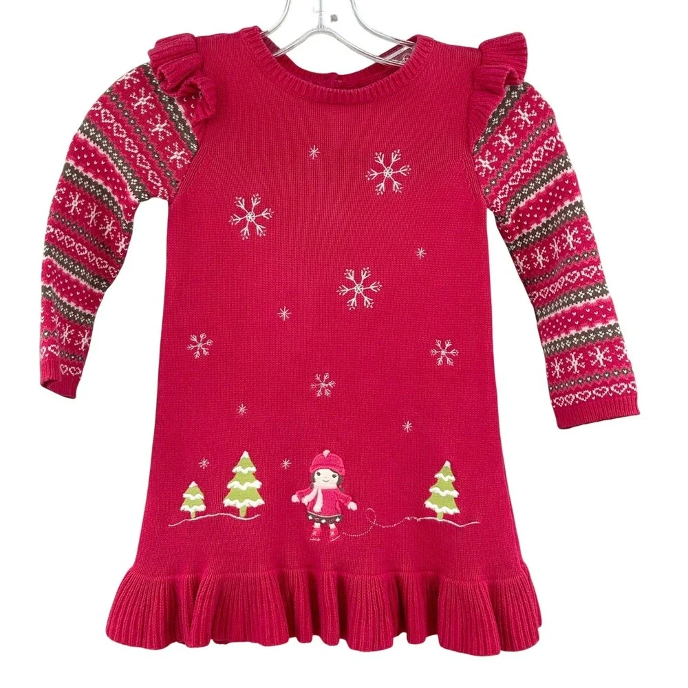 Gymboree Sweater Dress Girls 6 Pink Snowflake Fair Isle Winter Holiday Ruffle